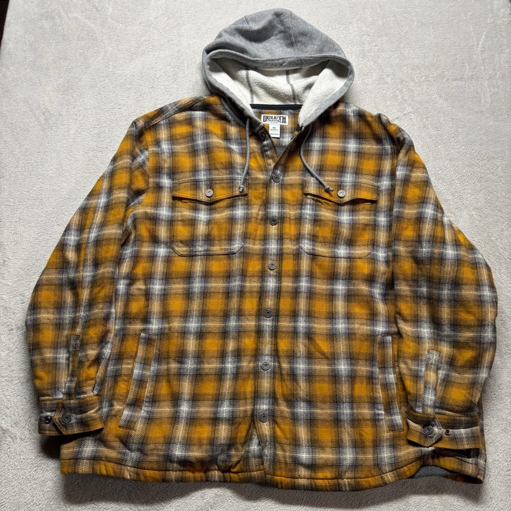 Duluth Trading Co Shirt Jacket Mens 4XL Relaxed Fit Plaid Hooded Flapjack EUC